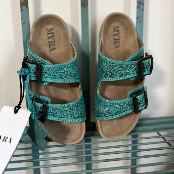 New Turquoise Myra Bag Hand Tooled Genuine Leather Summer Sandal Sunflower - Picture 8 of 16